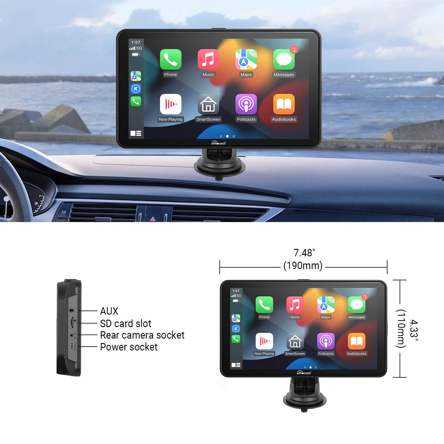 Portable 7" Apple CarPlay & Android Auto Car Touch Screen